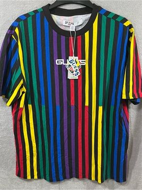 Guess x J Balvin Mens Large Elevator Striped T- Shirt Embroidered Multicolor NWT